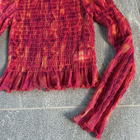 NWOT Free People Hello There Ruffled Sheer Mesh Top Red Pink Orange Abstract XS - Picture 7 of 16